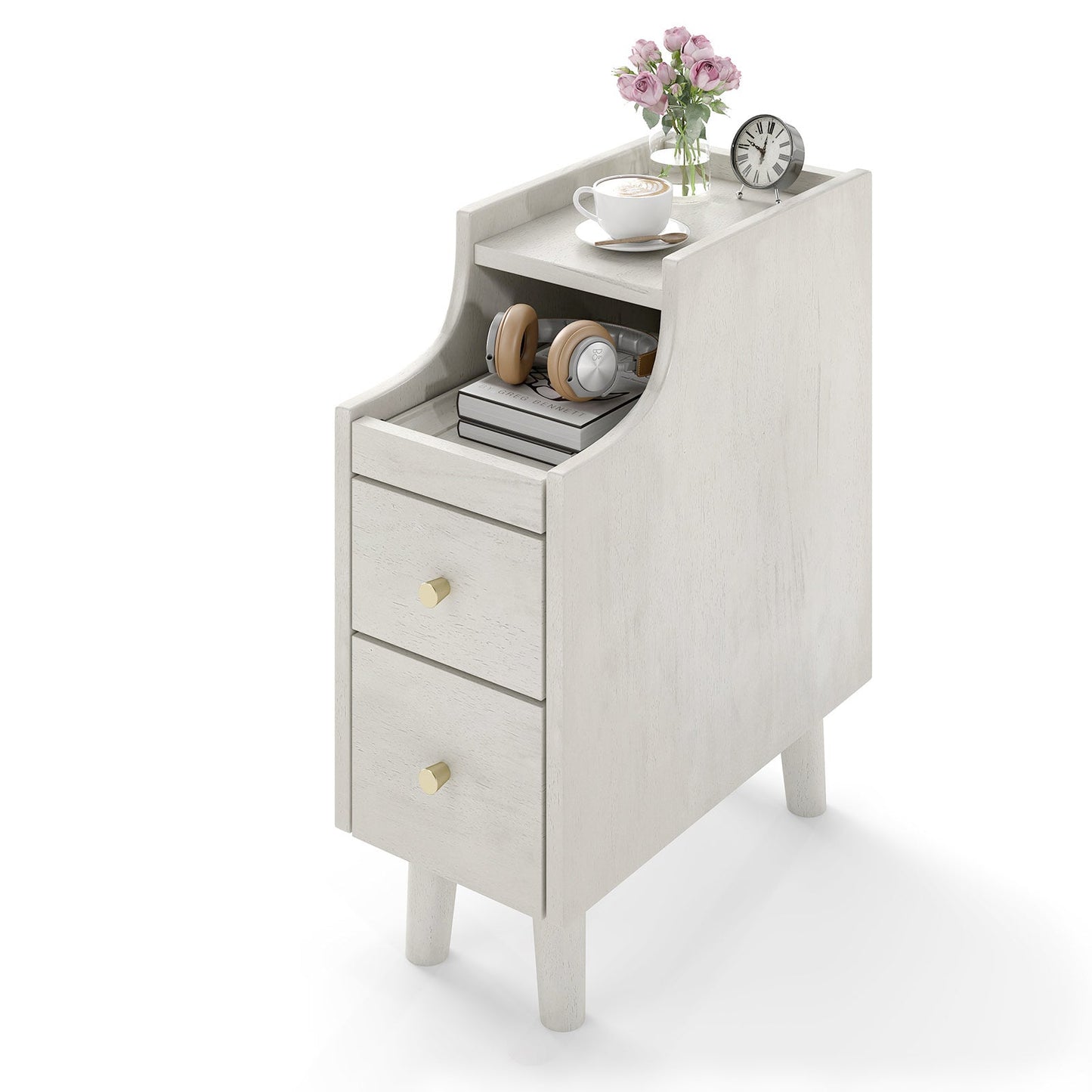 Narrow Nightstand Solid Wood End Table with Pull-out Tray 2 Storage Drawers-Off White