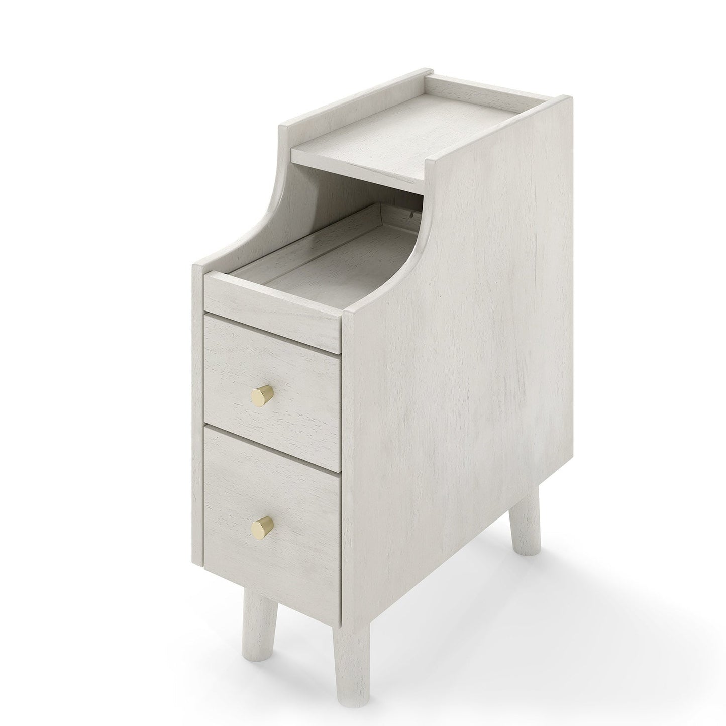Narrow Nightstand Solid Wood End Table with Pull-out Tray 2 Storage Drawers-Off White
