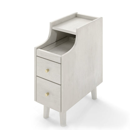 Narrow Nightstand Solid Wood End Table with Pull-out Tray 2 Storage Drawers-Off White
