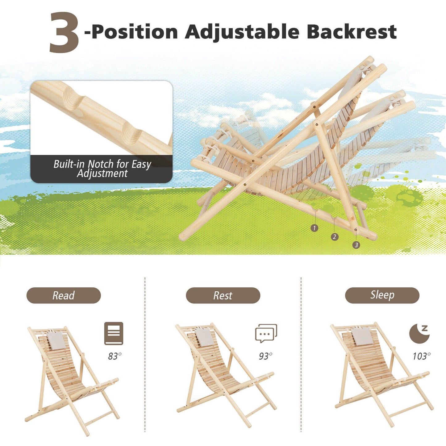 Solid Fir Wood Lounge Chair with 3-Level Adjustable Backrest and Soft Padded Headrest-Natural