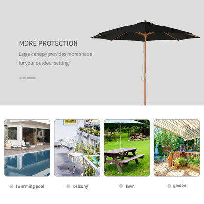 Outsunny ⌀3m Bamboo Wooden Market Patio Umbrella Garden Parasol Outdoor Sunshade Canopy, 8-ribs,Black