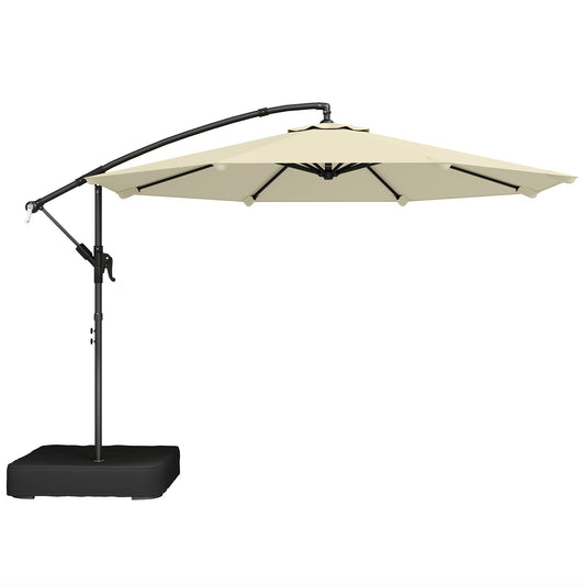 Outsunny 3 m Garden Cantilever Parasol with Cross Base, Sandbag, 360Â° Rotating Overhanging Banana Umbrella, Beige