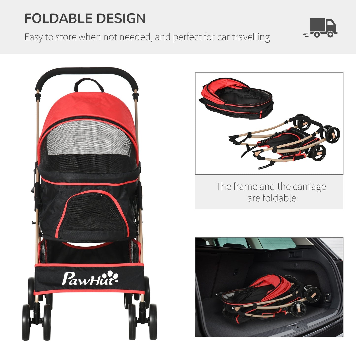 PawHut Pet Stroller Detachable 3-In-1 Dog Pushchair Cat Travel Carriage Foldable Bag w/ Universal Wheel, Brake Canopy for XS & S Sized Pets, Red