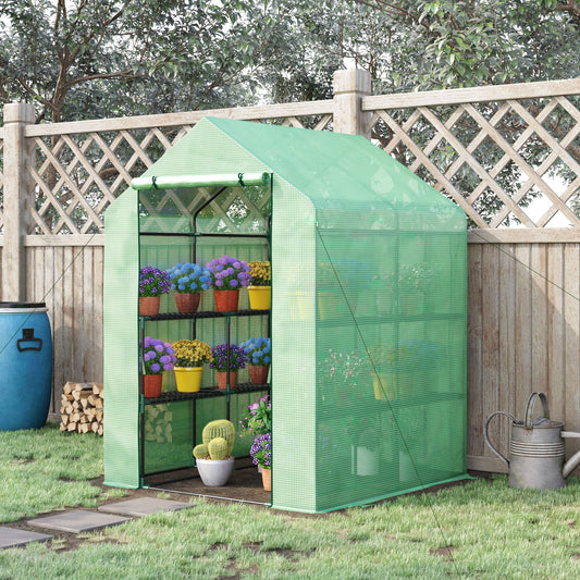 Outsunny Walk in Greenhouse z półkami Steeple Green House do ogrodu Grow House Zdejmowana pokrywa 143x138x190cm, zielony