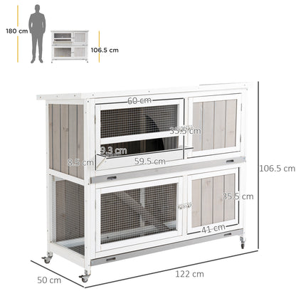 PawHut Rabbit Hutch Outdoor Guinea Pig Hutch Wooden Bunny House with Rain Cover Wheels for Indoor Outdoor, 122 x50 x100cm - Grey