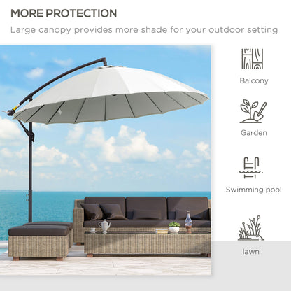 مظلة شمسية من Outsunny 3(m) Cantilever Shanghai Parasol Garden معلقة على شكل الموز مع مقبض كرنك، 18 ضلعًا قويًا وقاعدة متقاطعة، أبيض فاتح