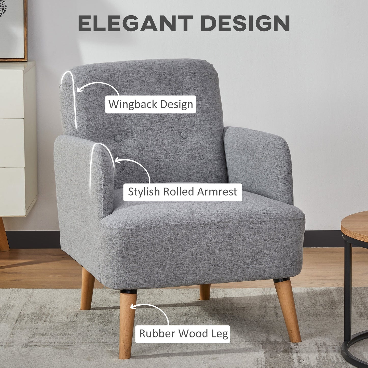 Upholstered Armchair, Nature Wood Frame Living Room Chairs with Birch Wood Legs & Thick Padding Seat and Button Mid-Back, Light Grey