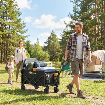 Outsunny 60L Foldable Festival Trolley on Wheels, Collapsible Wagon Cart with Drop-Down Tailgate, Adjustable Handle, Black