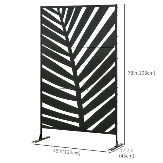 Outsunny Dekoracyjny Ekran Prywatności ze Stojakiem, 6.5FT Wolnostojący Metalowy Zewnętrzny Przegroda, Dekoracyjny Panel Prywatności ze Śrubami Rozprężnymi do Ogrodu Patio Basenu Wanny Z Hydromasażem, Styl Liścia Bananowca, Czarny