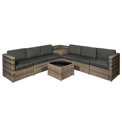 Outsunny 8 Pieces Outdoor PE Rattan Sofa Set with Cushions, Patio Garden Furniture Sets with Glass Top Coffee Table, Storage Corner Table, Mixed Brown