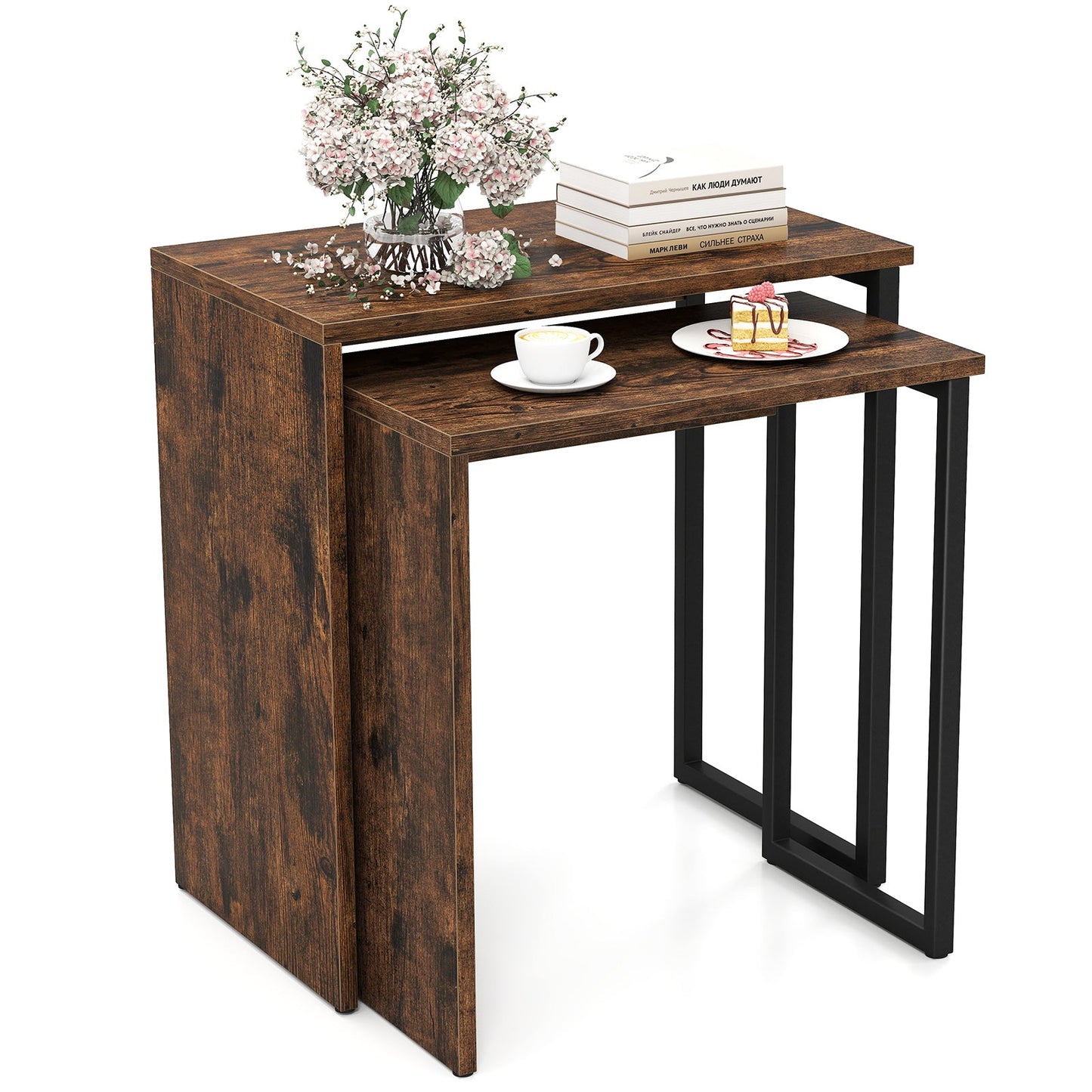 Nesting Coffee Table Set of 2 Faux Wood Top Sofa Side Table-Rustic Brown