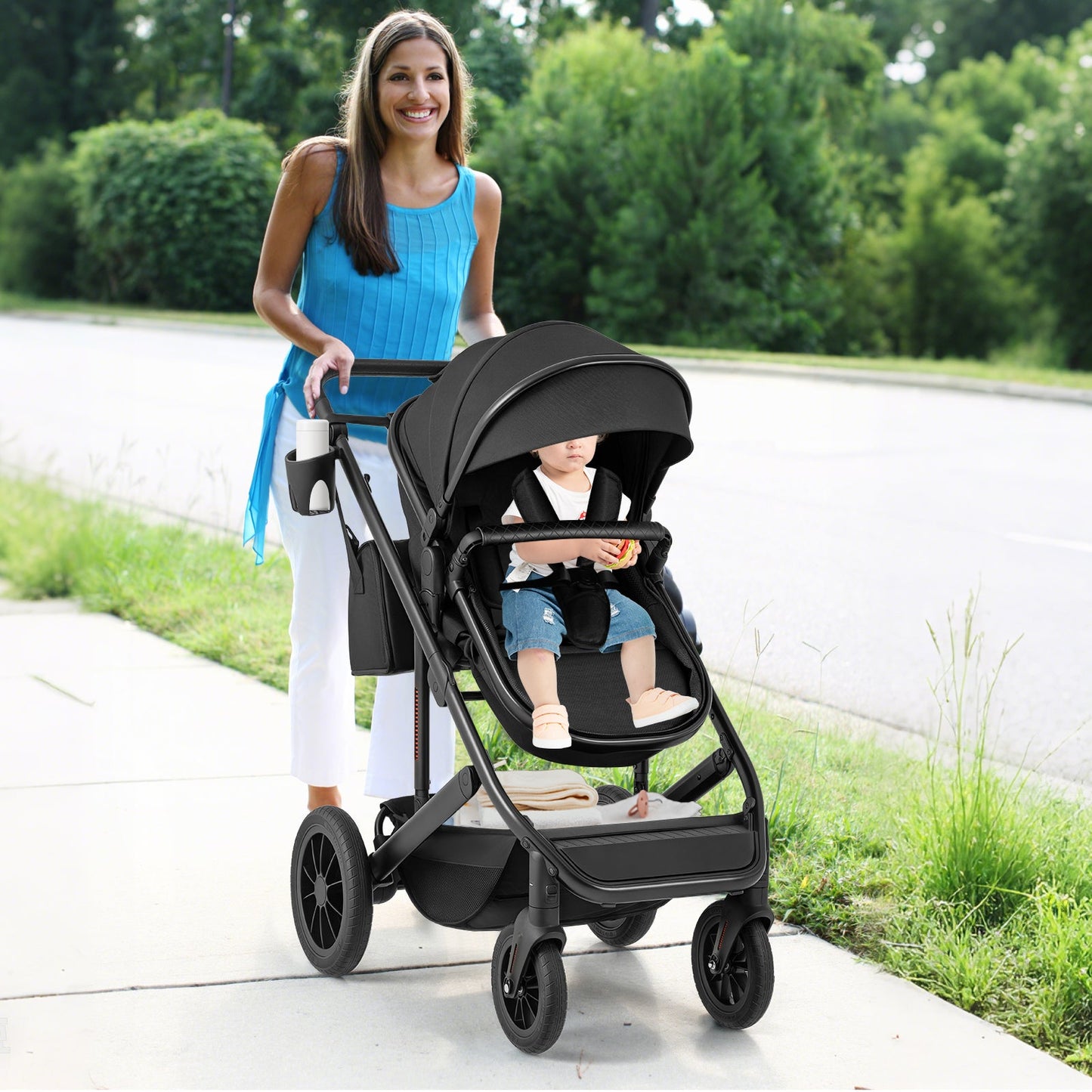 3-in-1 Newborn Stroller Folding Convertible High Landscape Toddler Stroller-Black