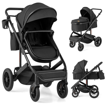 3-in-1 Newborn Stroller Folding Convertible High Landscape Toddler Stroller-Black