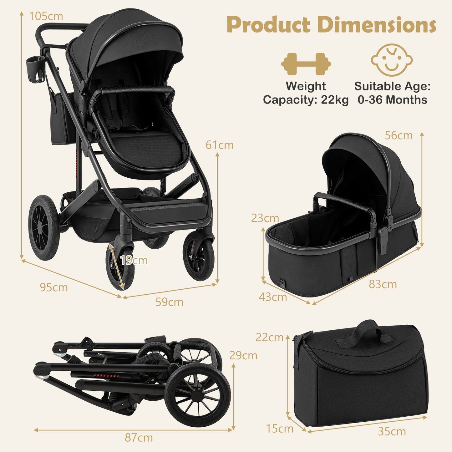 3-in-1 Newborn Stroller Folding Convertible High Landscape Toddler Stroller-Black