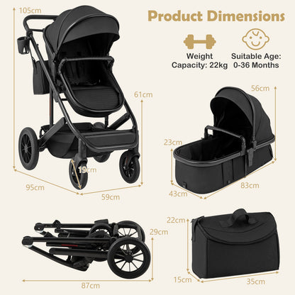 3-in-1 Newborn Stroller Folding Convertible High Landscape Toddler Stroller-Black