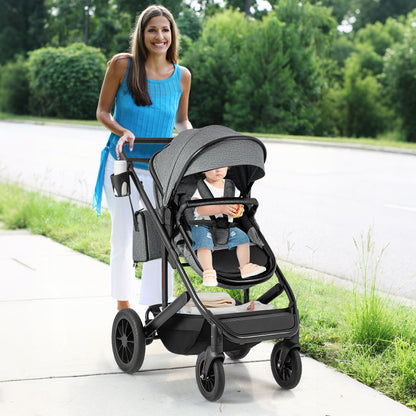 3-in-1 Newborn Stroller Folding Convertible High Landscape Toddler Stroller-Grey