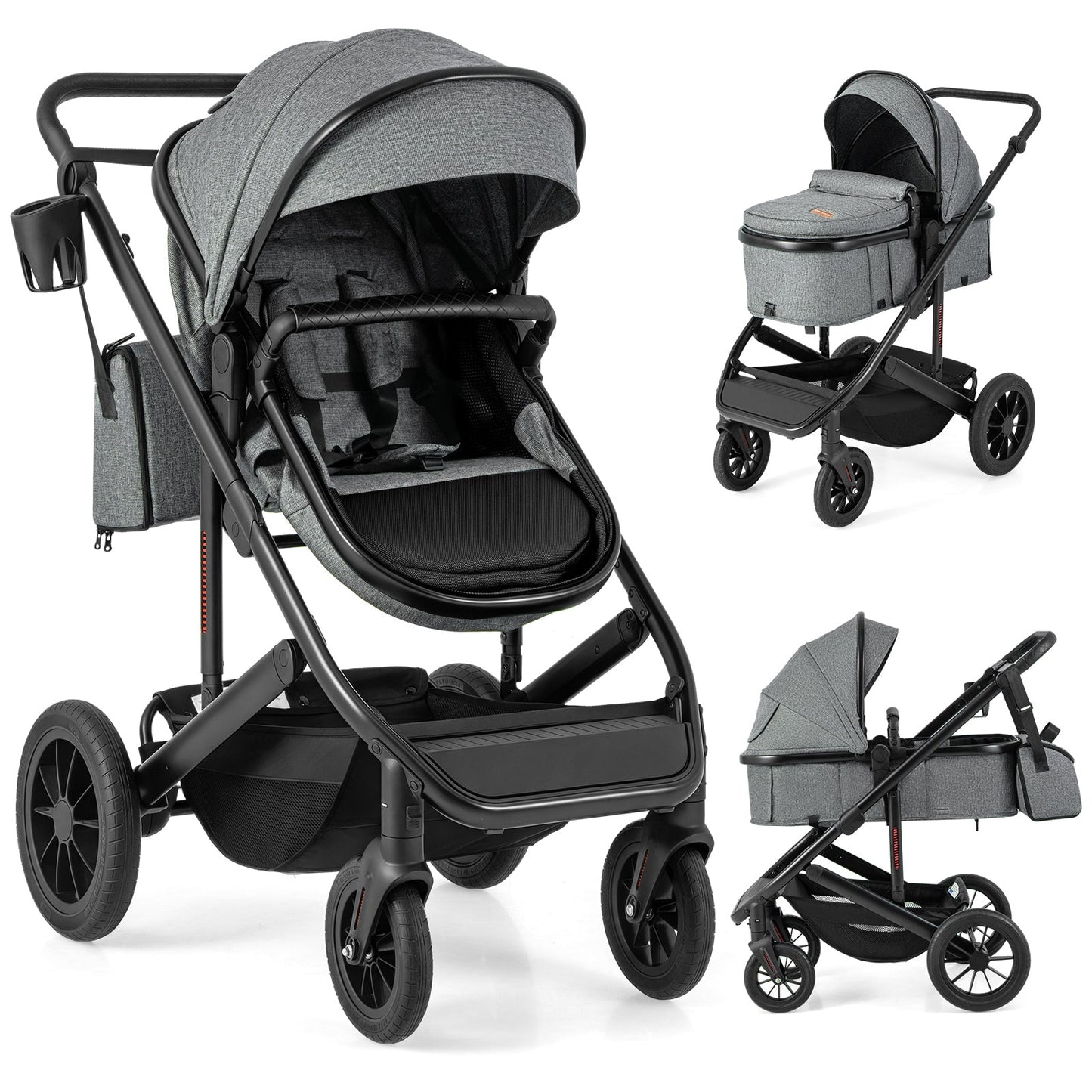 3-in-1 Newborn Stroller Folding Convertible High Landscape Toddler Stroller-Grey