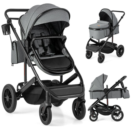 3-in-1 Newborn Stroller Folding Convertible High Landscape Toddler Stroller-Grey