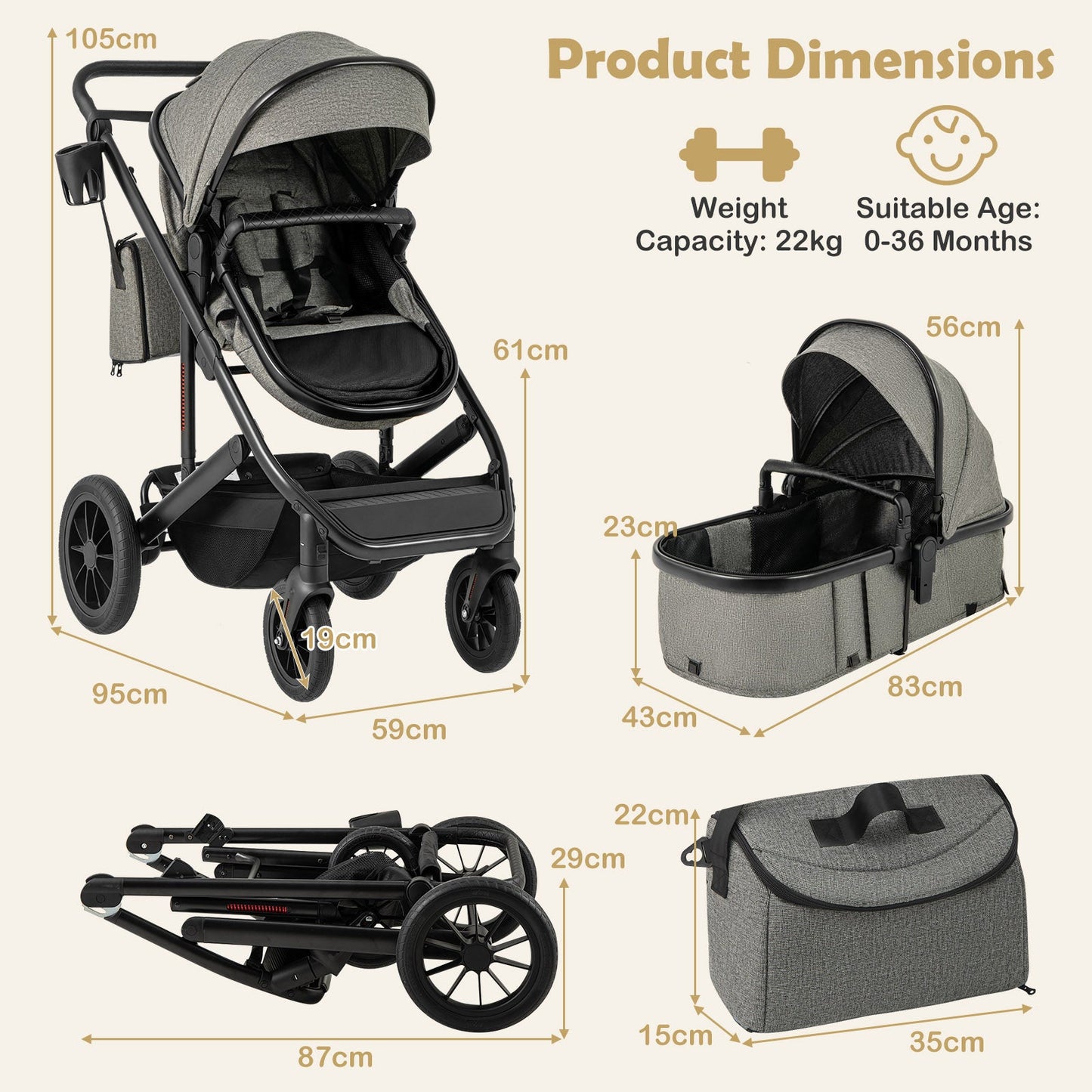 3-in-1 Newborn Stroller Folding Convertible High Landscape Toddler Stroller-Grey