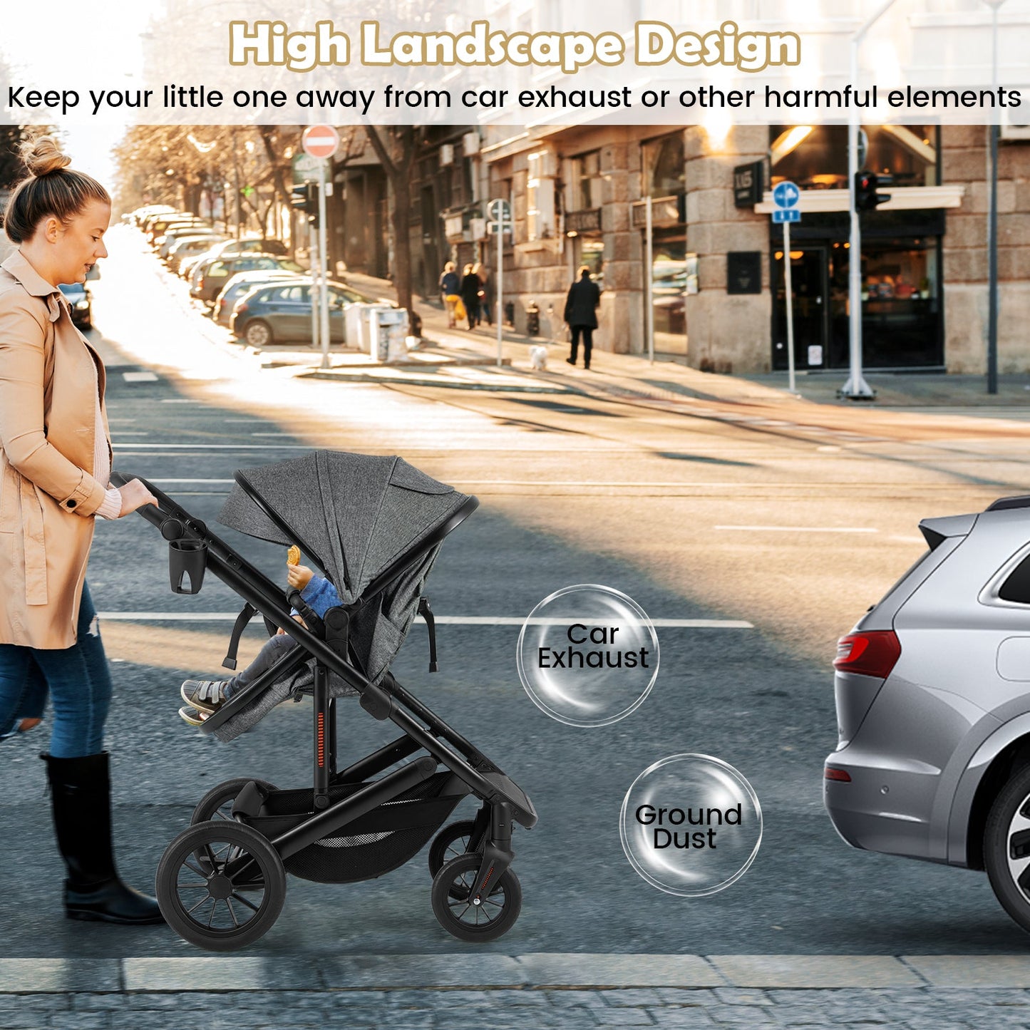 3-in-1 Newborn Stroller Folding Convertible High Landscape Toddler Stroller-Grey