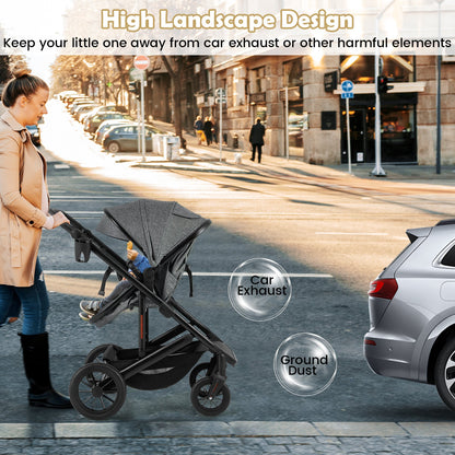 3-in-1 Newborn Stroller Folding Convertible High Landscape Toddler Stroller-Grey