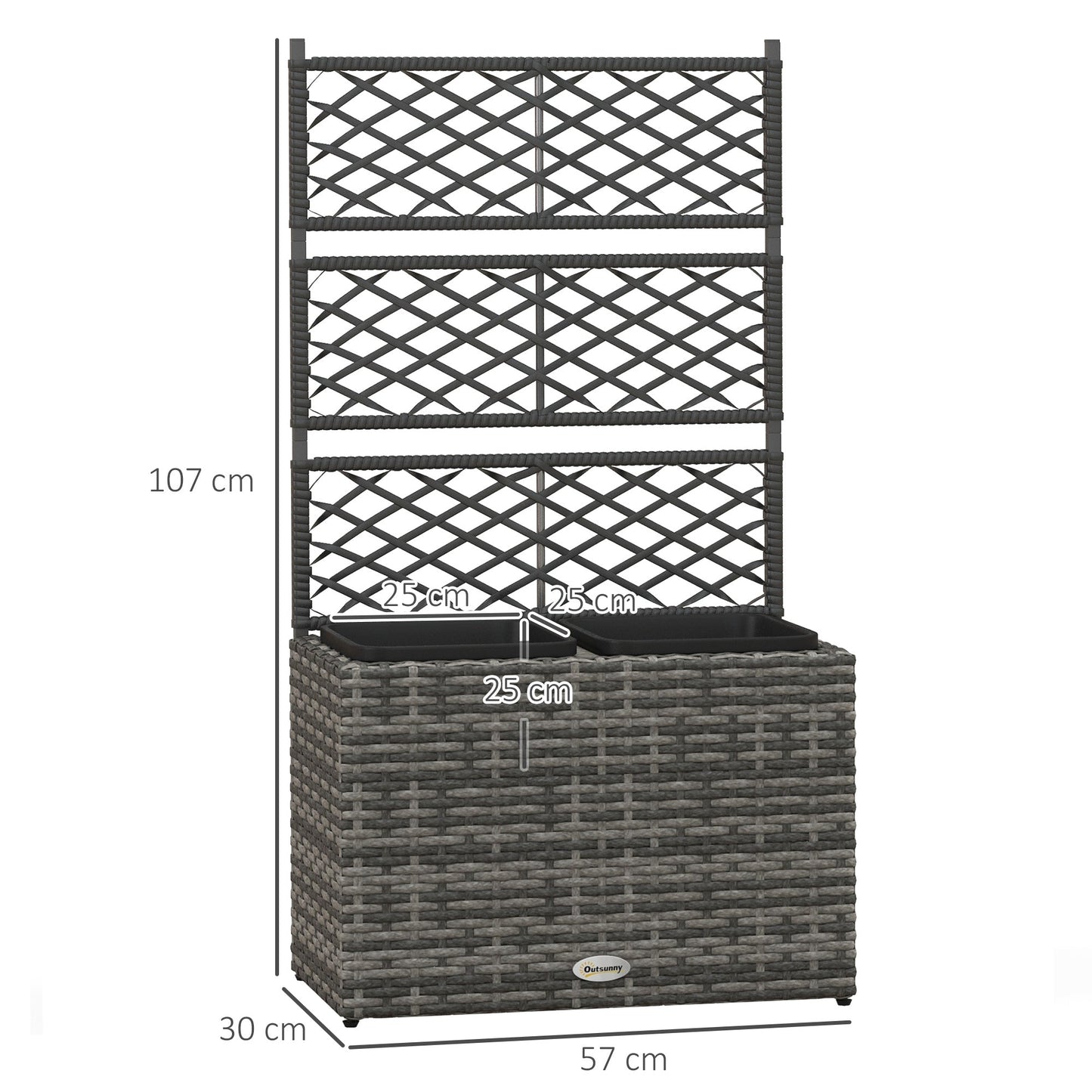 Outsunny 22 L Rattan Planter with Trellis, Freestanding Raised Beds for Garden with Two Plant Boxes, Outdoor Planter for Climbing Plants, Flowers, 57 x 30 x 107 cm, Mixed Grey