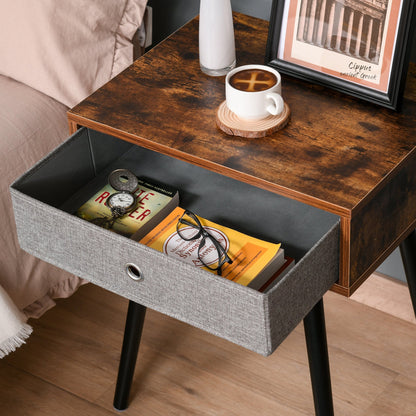 Retro Style Side Table, Nightstand, End Table with Removable Fabric Drawer, Accent Furniture with Wooden Legs, Rustic Brown and Black