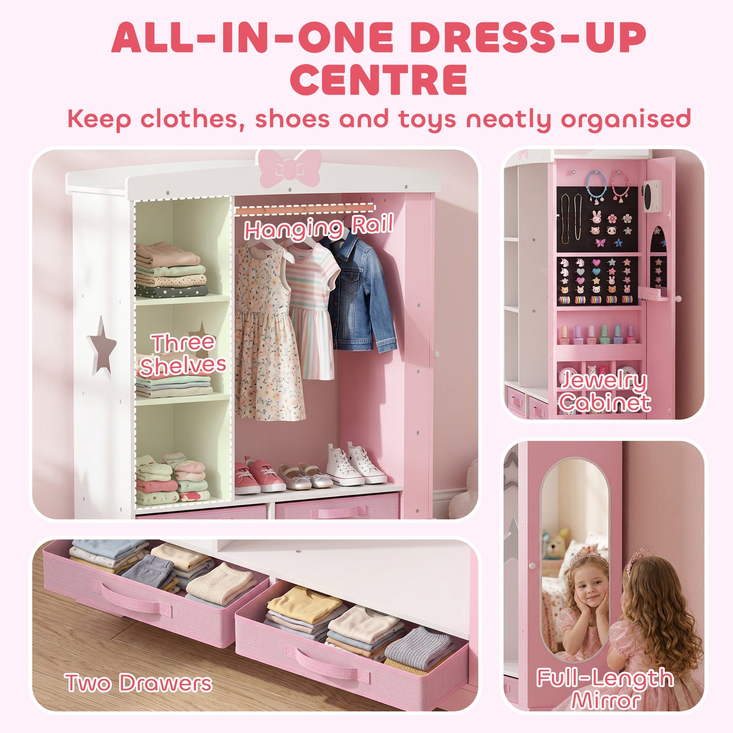 AIYAPLAY Kids Wardrobe with Lighted Mirror, Clothes Rail, Jewelry Cabinet, Shelves, Storage Boxes for Bedroom, Nursery, Pink