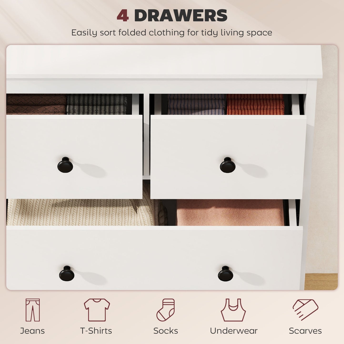 HOMCOM Modern Chest of Drawers, 4 Drawer Dresser Clothes Storage Organiser for Living Room, Hallway, Entryway, White