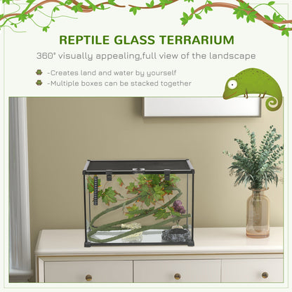 PawHut Glass Reptile Terrarium with Decor Kit, Breeding Tank with Thermometer for Small Animals, 50 x 30 x 35cm, Heated, Black