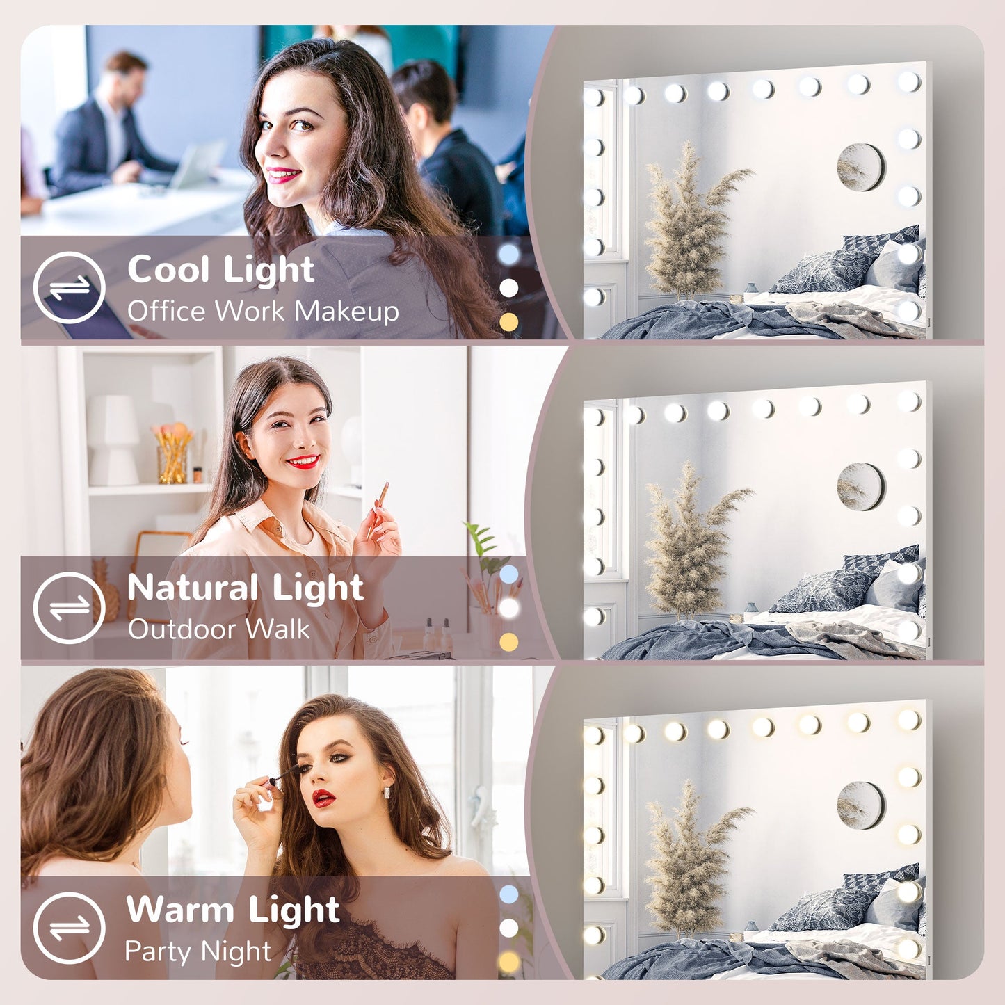 Lustro do makijażu HOMCOM Hollywood z oświetleniem, duże 80x62 cm podświetlane z 3 kolorami, 18 żarówkami LED, 10-krotnym powiększeniem, portem ładowania USB, ekranem dotykowym, do postawienia na stole lub do montażu na ścianie, białe