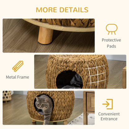 PawHut Wicker Cat Cave/House Stool with Soft Washable Cushion,Rattan Kitten Bed for Outdoor & Indoor Use， 44 x 43 x 41cm