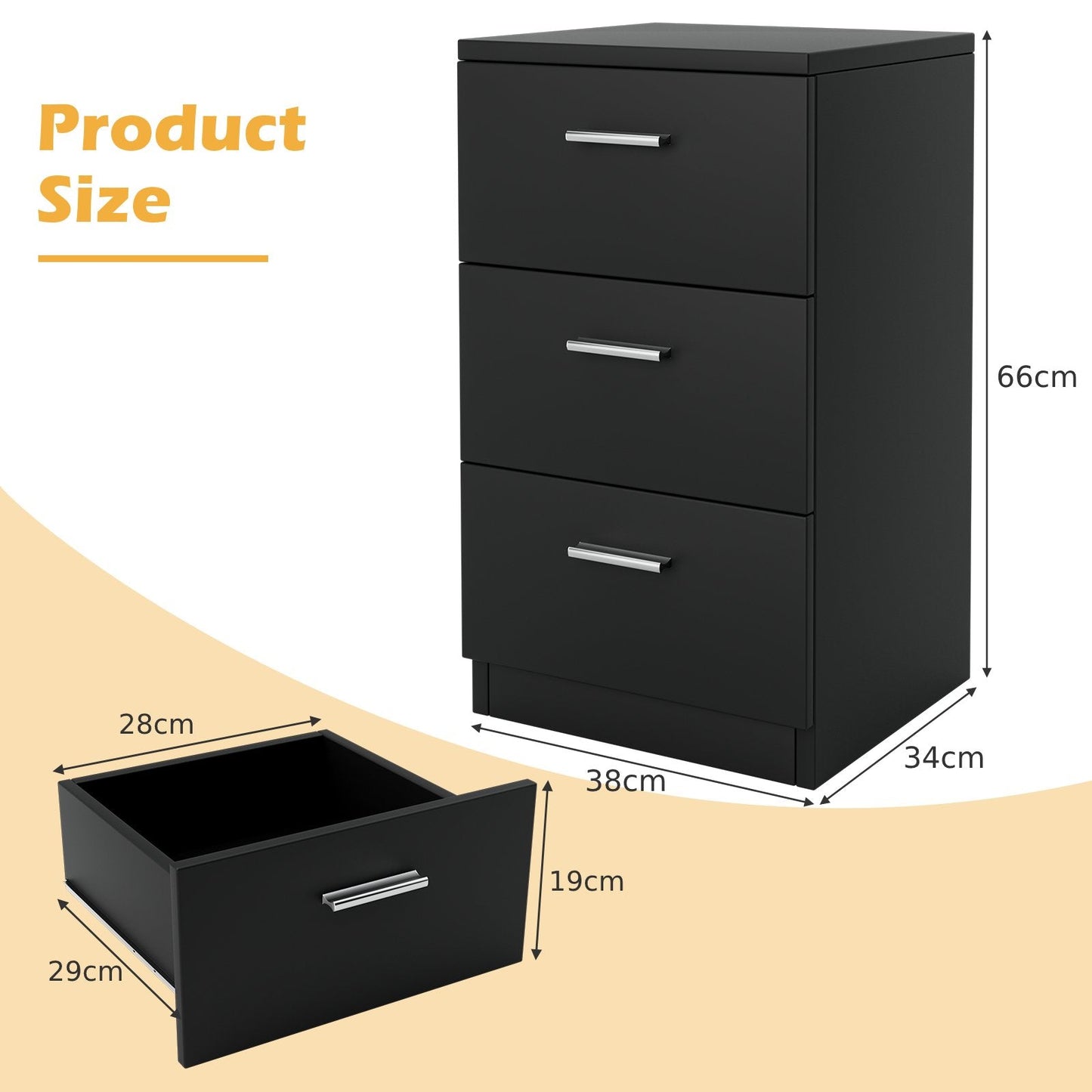 Space-saving Night Chest with 3 Drawers and Handles for Bedroom-Black