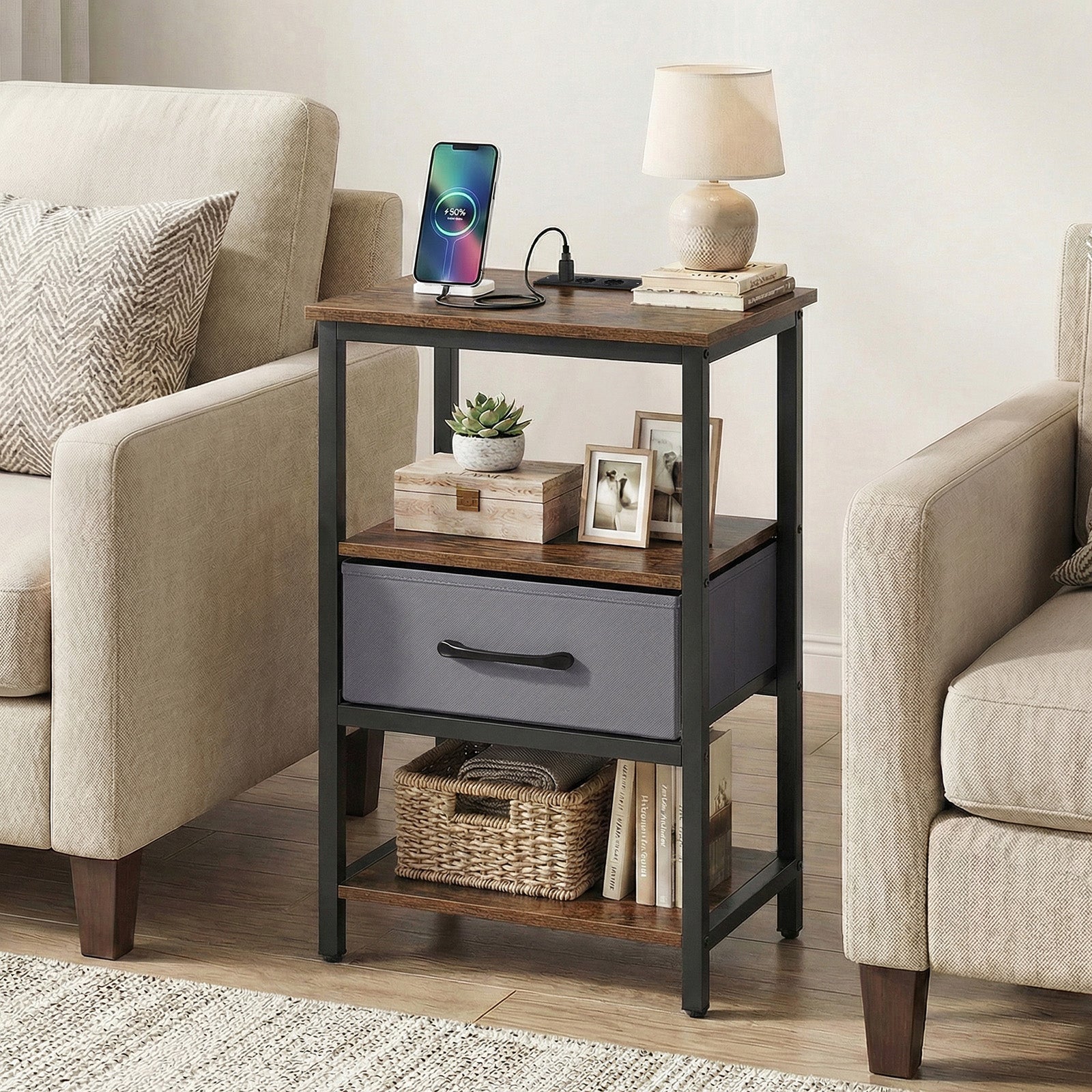 Nightstand Bedside Table with Charging Station and Drawer-Rustic Brown