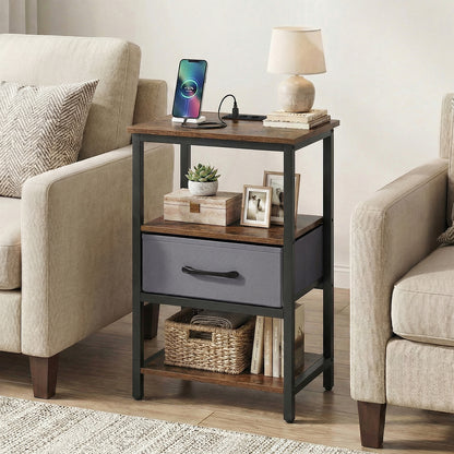 Nightstand Bedside Table with Charging Station and Drawer-Rustic Brown