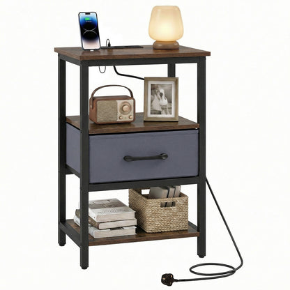 Nightstand Bedside Table with Charging Station and Drawer-Rustic Brown