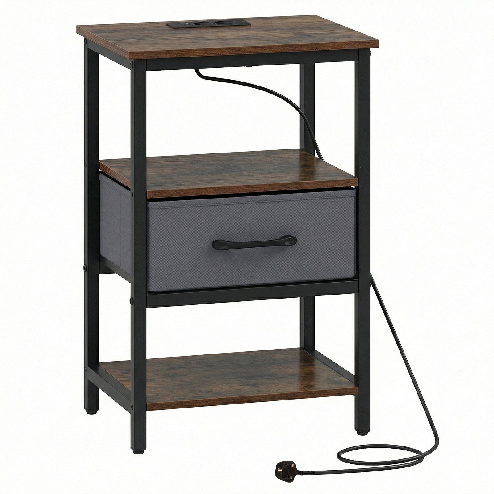 Nightstand Bedside Table with Charging Station and Drawer-Rustic Brown