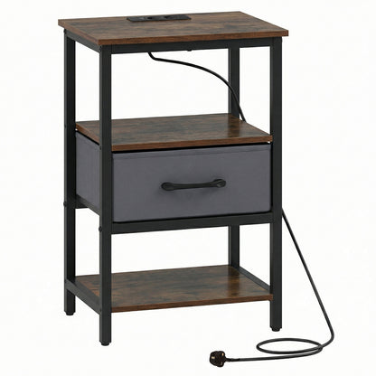Nightstand Bedside Table with Charging Station and Drawer-Rustic Brown