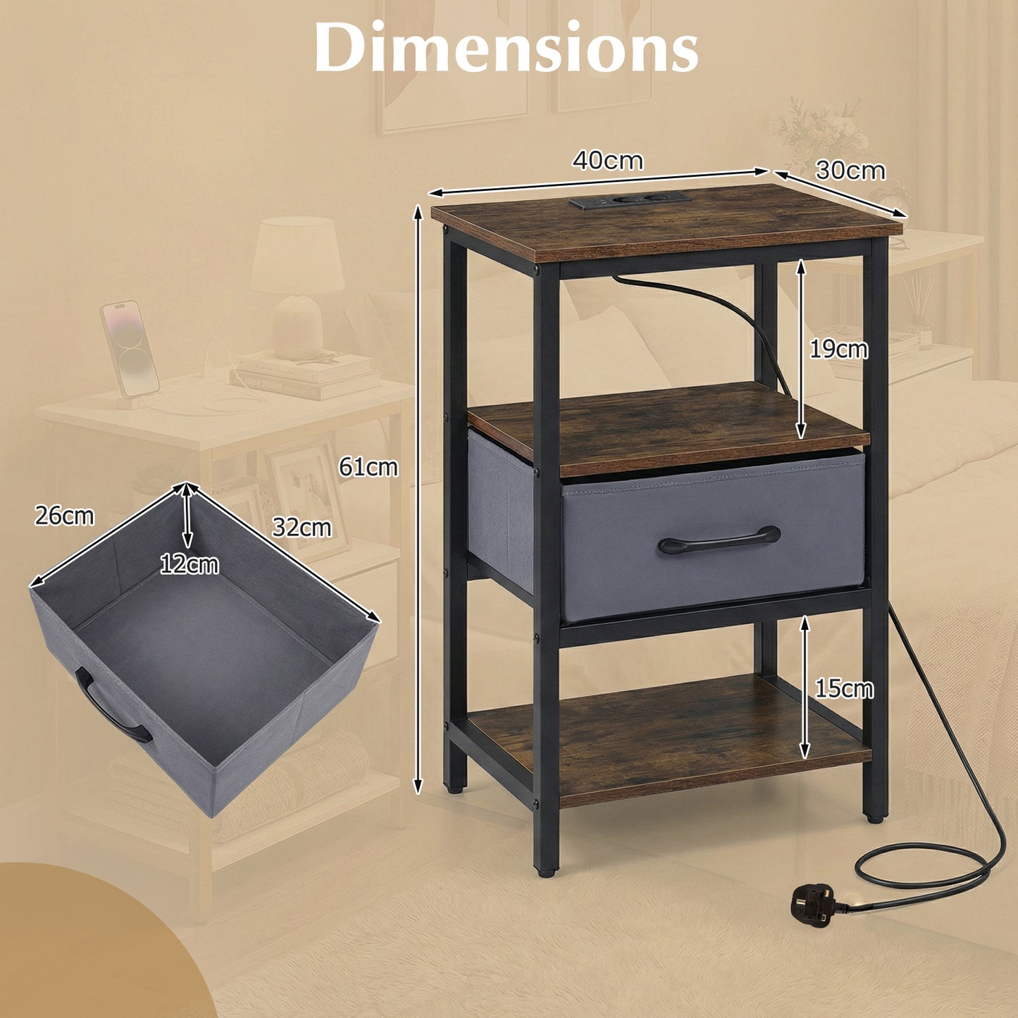 Nightstand Bedside Table with Charging Station and Drawer-Rustic Brown