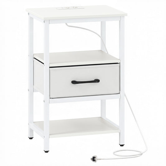 Nightstand Bedside Table with Charging Station and Drawer-White