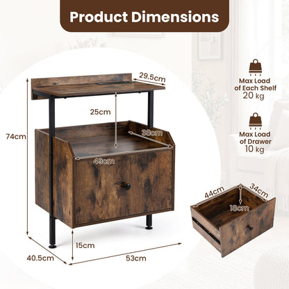 Nightstand Bedside Table with Charging Station and LED Light-Rustic Brown