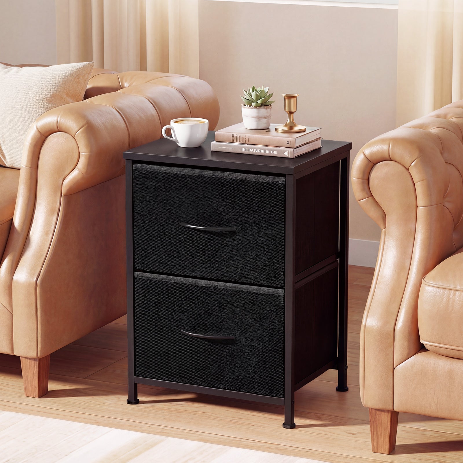 Nightstand Set of 2 End Table with Fabric Drawers for Bedroom-Black