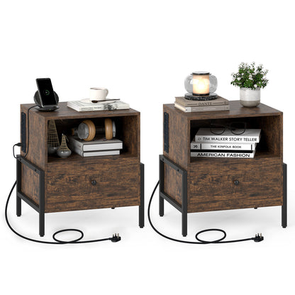 Nightstand with Charging Station 3-Tier Bedside Table with Drawer Set of 2-Brown