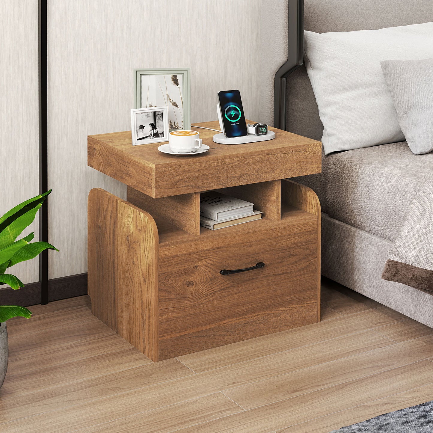 Nightstand with Charging Station Set of 2 with Drawer and Sliding Top Storage-Natural
