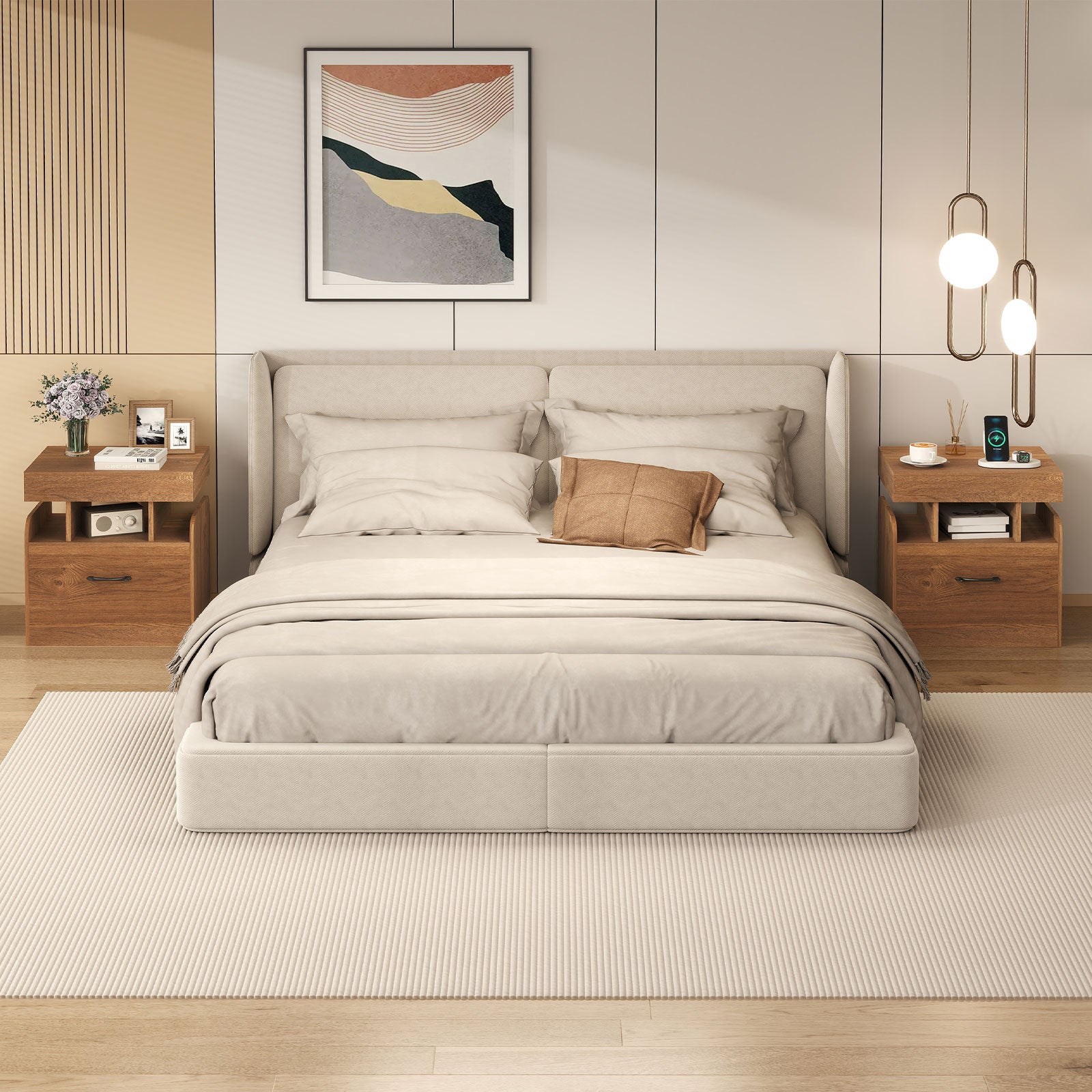 Nightstand with Charging Station Set of 2 with Drawer and Sliding Top Storage-Natural