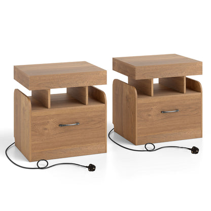 Nightstand with Charging Station Set of 2 with Drawer and Sliding Top Storage-Natural