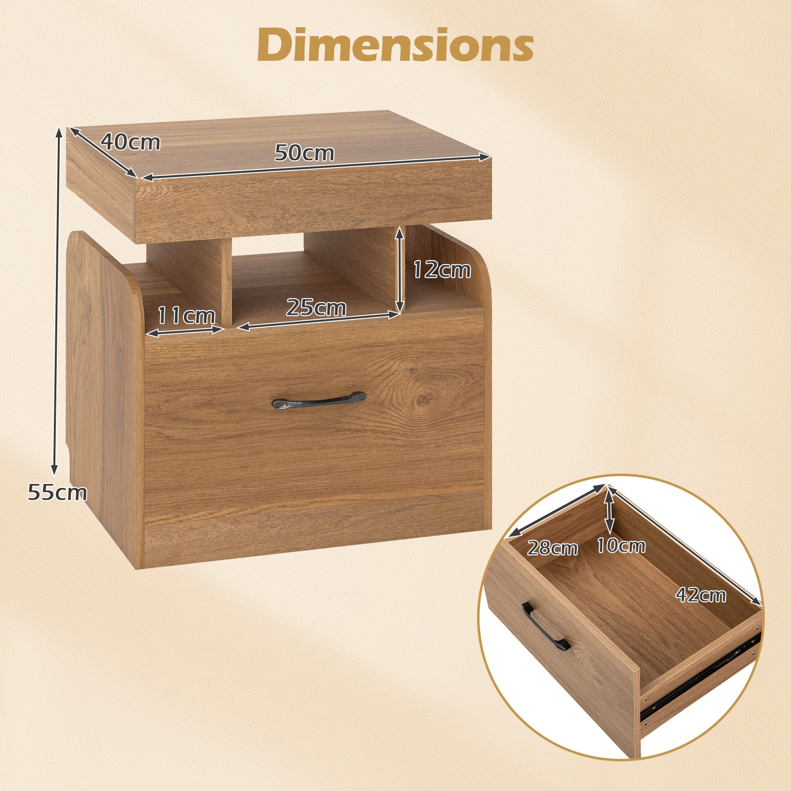 Nightstand with Charging Station Set of 2 with Drawer and Sliding Top Storage-Natural