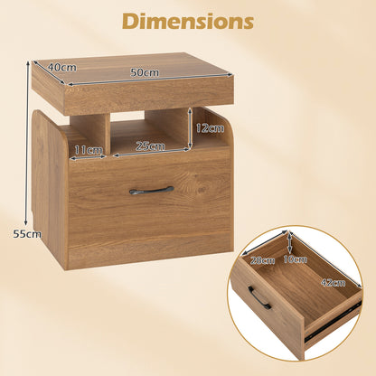 Nightstand with Charging Station Set of 2 with Drawer and Sliding Top Storage-Natural