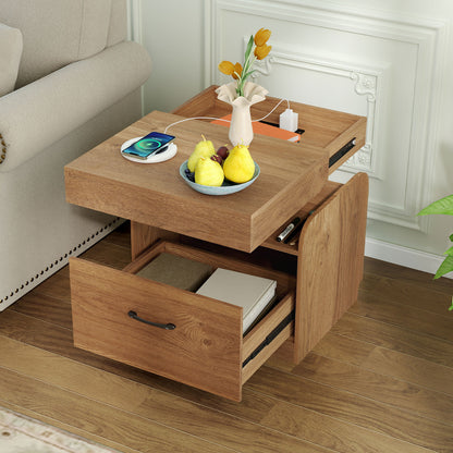 Nightstand with Charging Station Set of 2 with Drawer and Sliding Top Storage-Natural