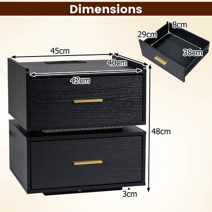 Nightstand with Charging Station and 2 Storage Drawers-Black